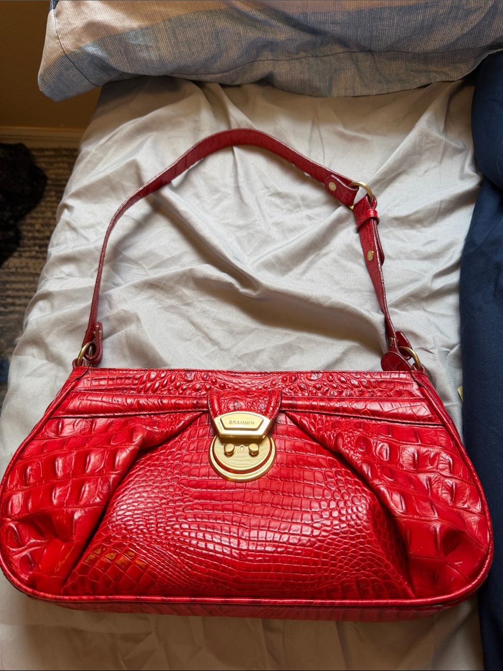 Brahmin Bright Red Croc-Textured Shoulder Bag with Gold Hardware